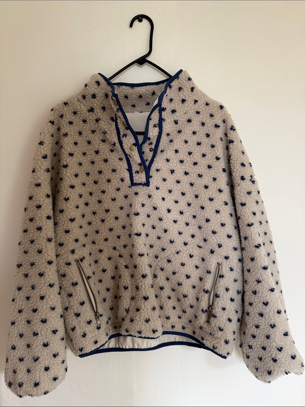 Amazon Cream Sherpa Zip-Up Sweater with Navy Trim
